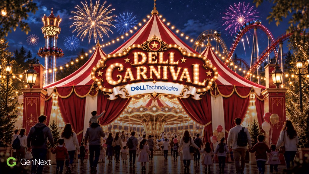 Dell Carnival at night: families walking toward a red-and-white big top beneath a bulb-lit marquee, with fireworks, a roller coaster, and the Scream Drop tower.